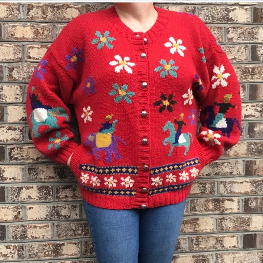 Express Vintage Chunky Knit Boho Cardigan- Elephants Flowers- Silver Buttons-